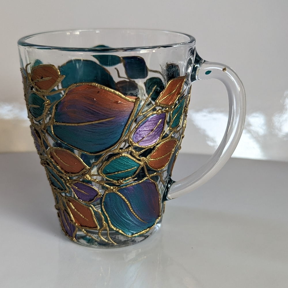 Duralex hand-painted teal and orange artistic mug